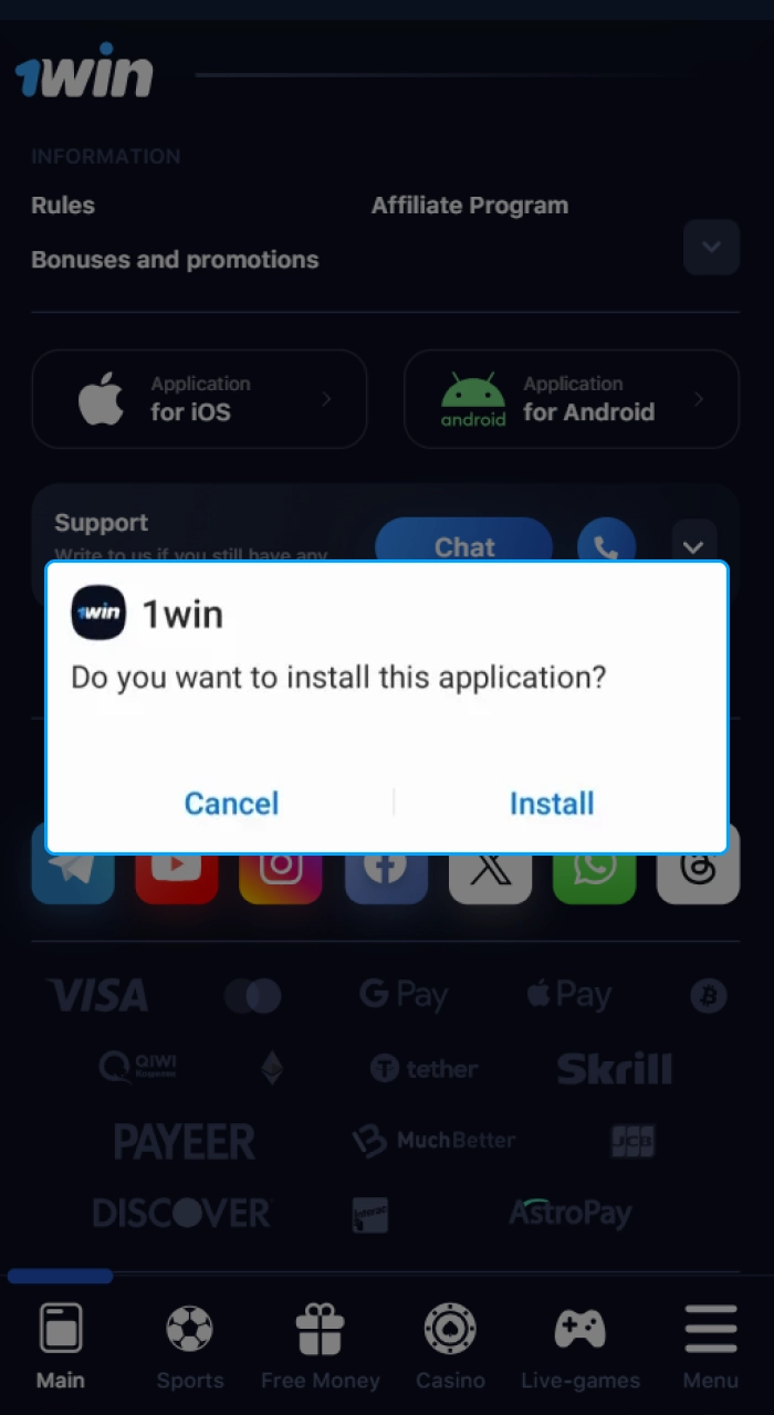 Complete the process of installing the 1win app on your Android device.