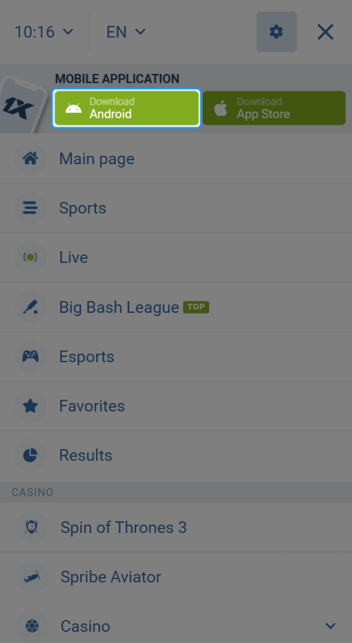 Download the 1xBet APK for Android.