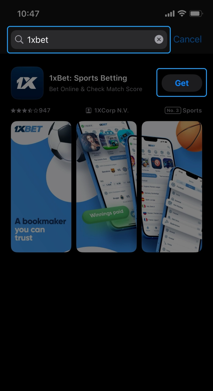 To download the 1xBet app for iOS find it in the App Store.