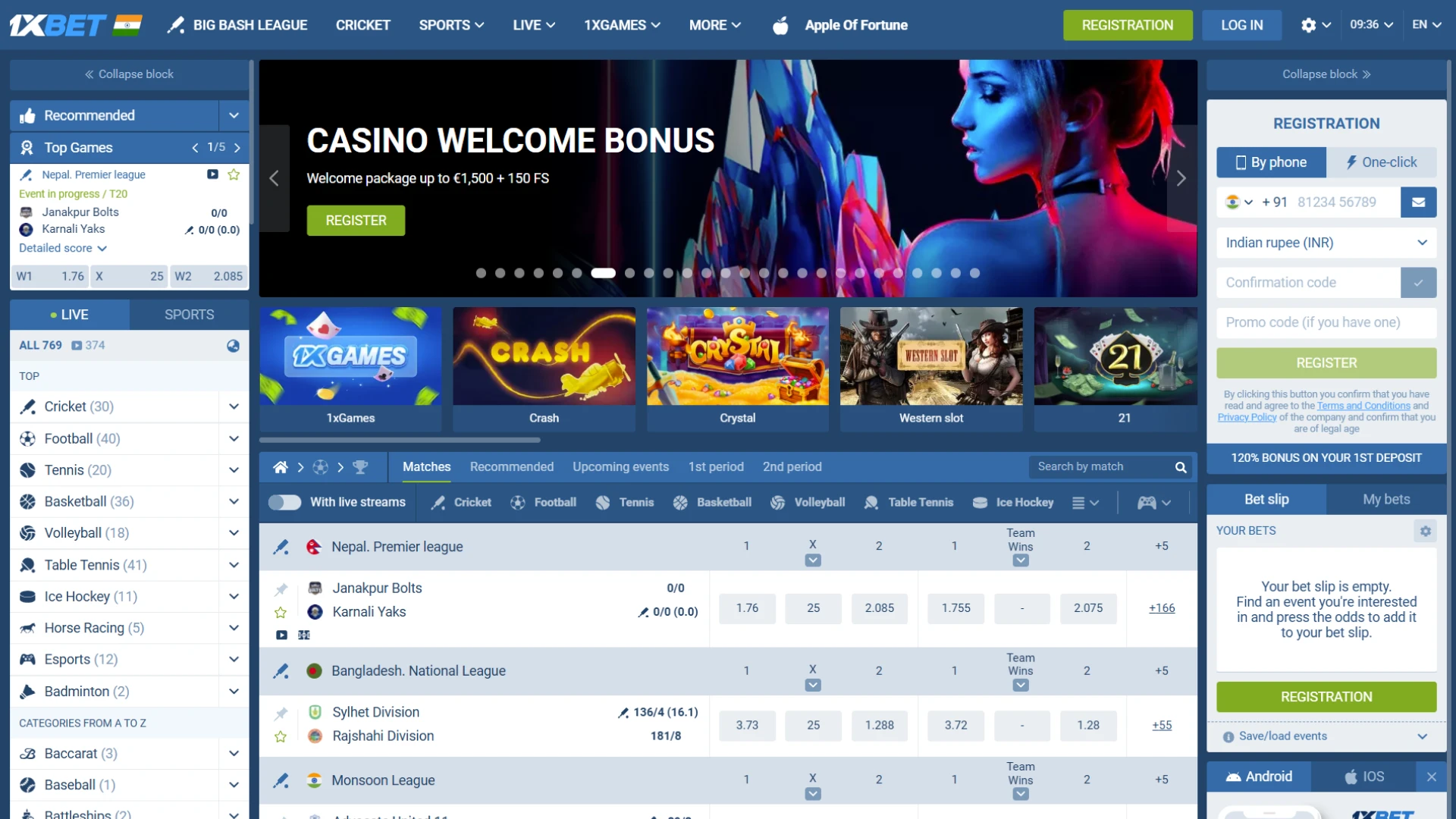 1xBet India has both sports betting and online casino games on website.