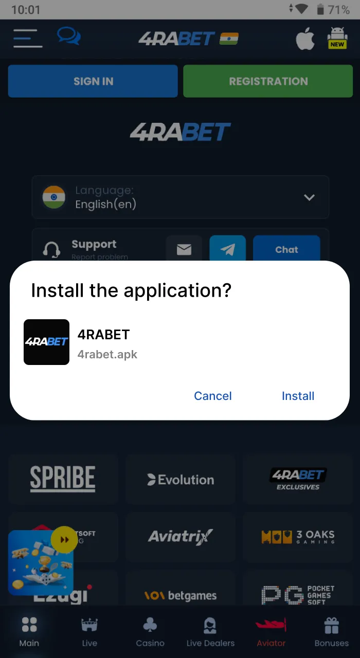 Complete the installation of the 4Rabet app on your Android device.