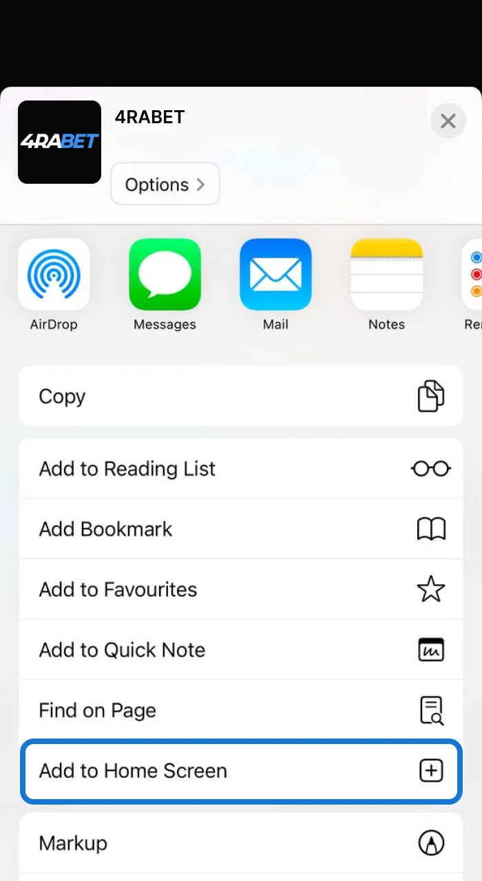 Add the 4Rabet app for iOS to your home screen.