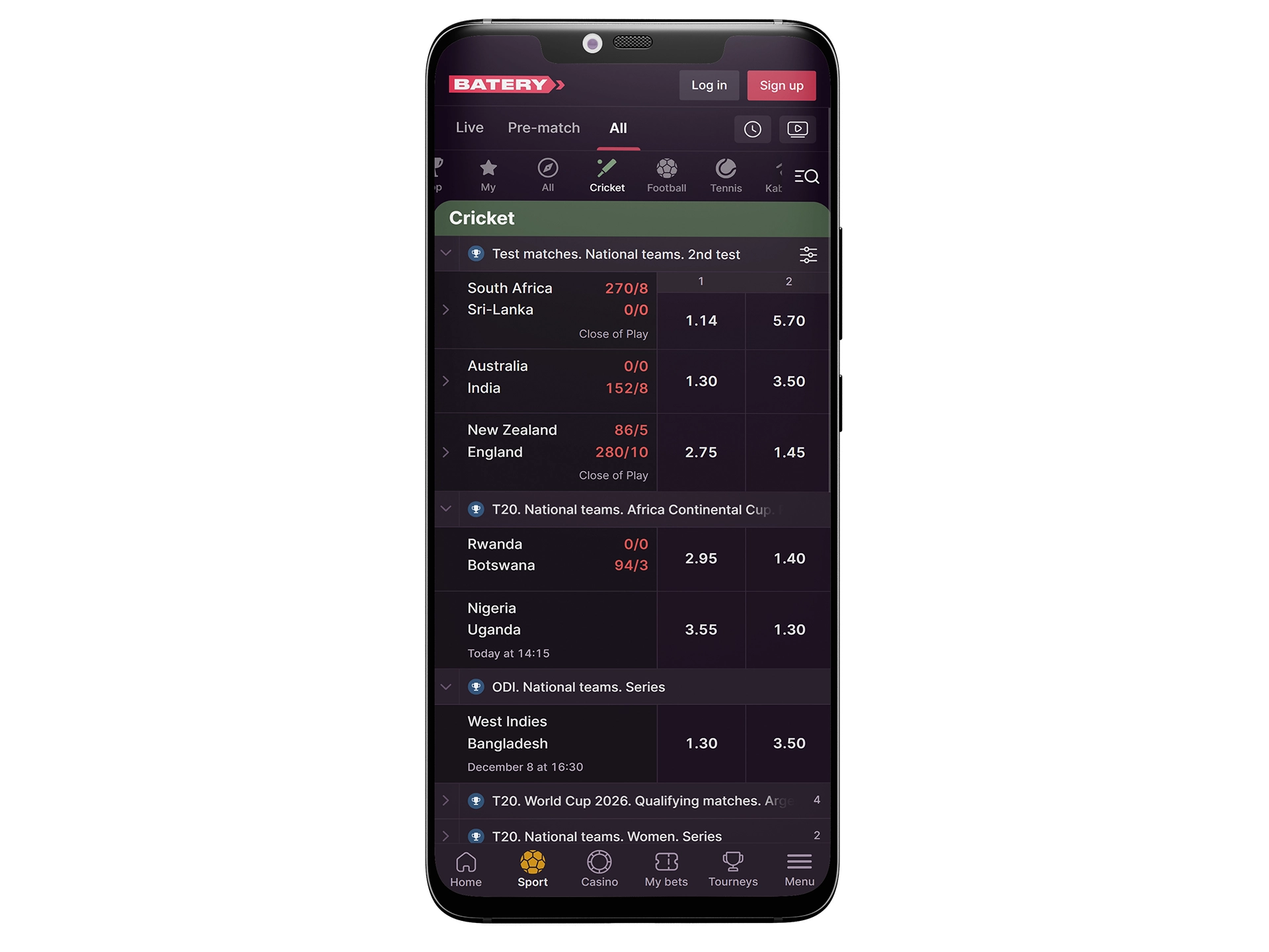 In the Batery app, you'll find plenty of cricket tournaments to bet on.