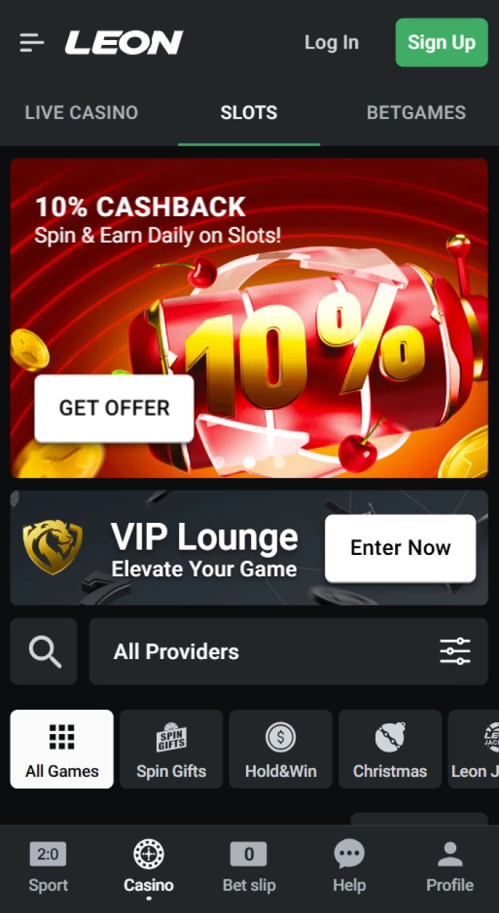 Play online casino games on the Leon Bet mobile app.