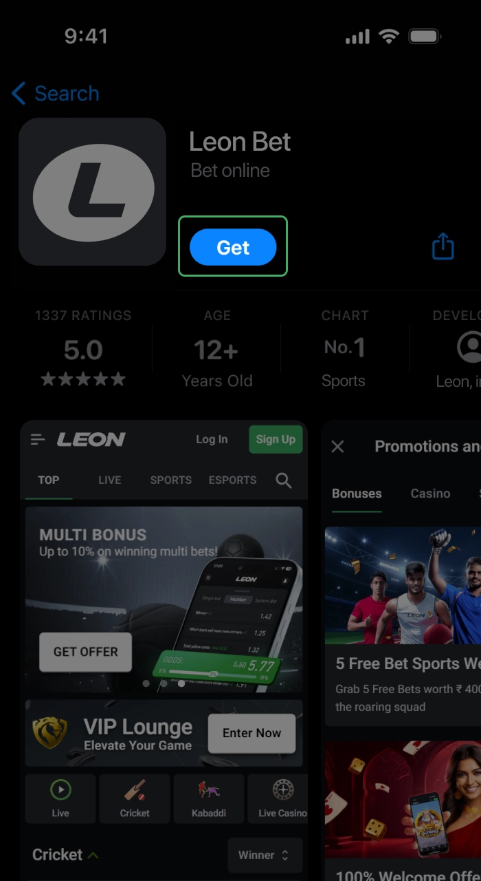 Install the Leon Bet mobile app.