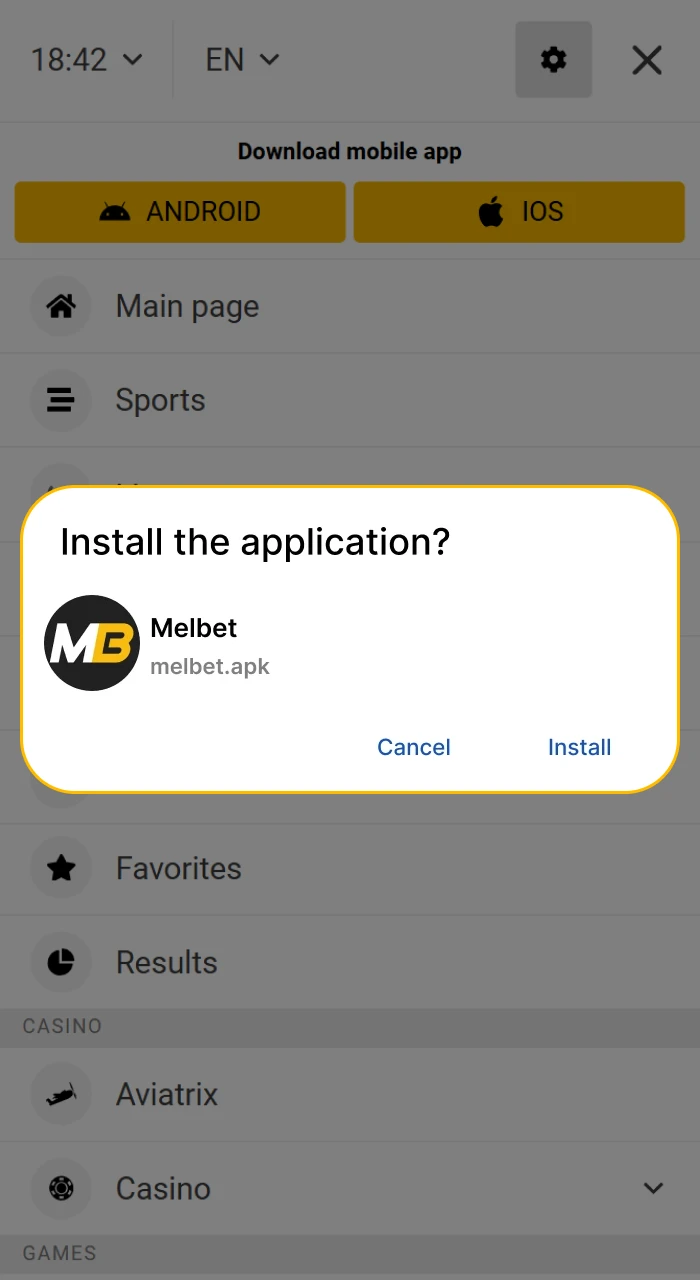 Install the Melbet app on your Android device.